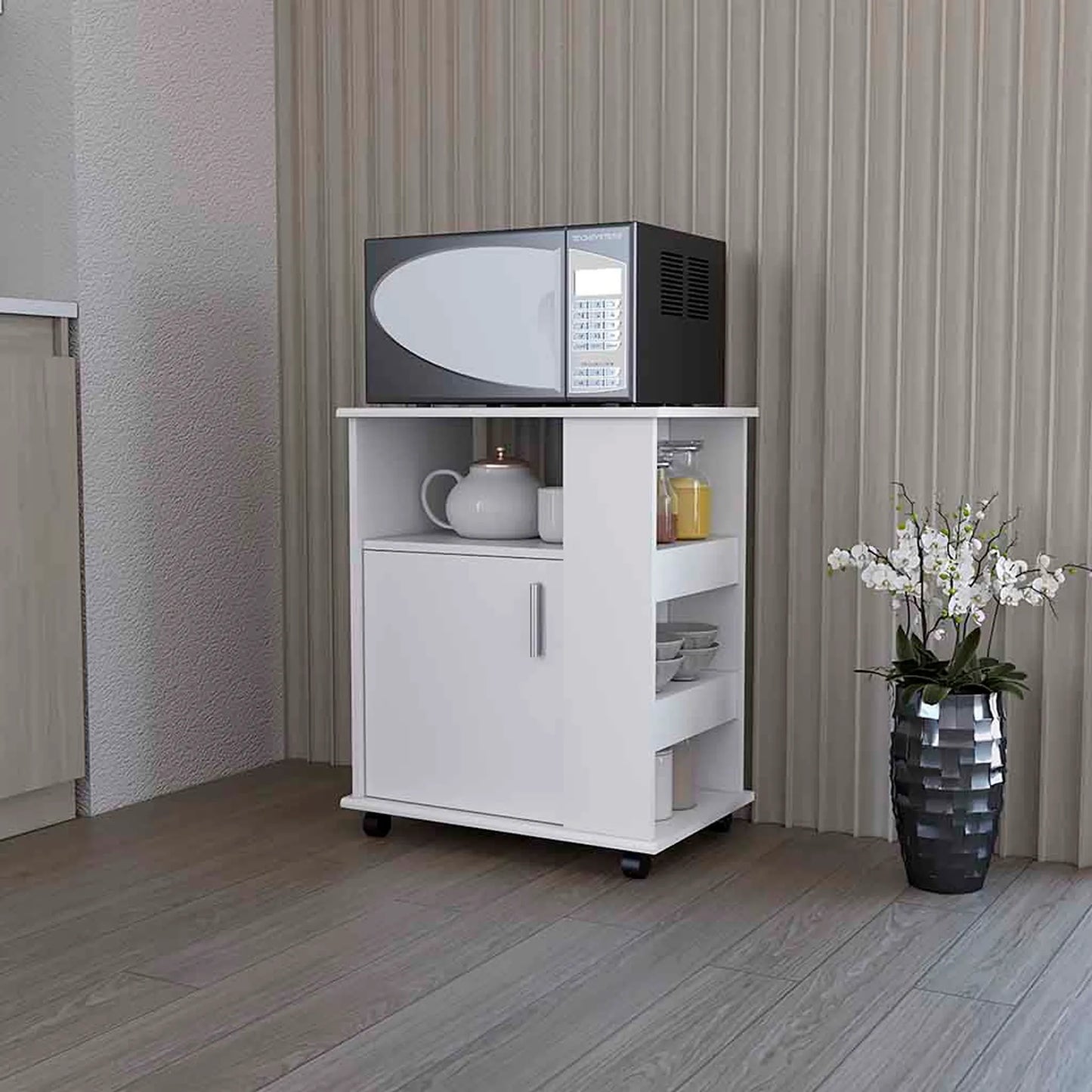 Kitchen Service Cart, Three Side  Shelves, Two Interior Shelves