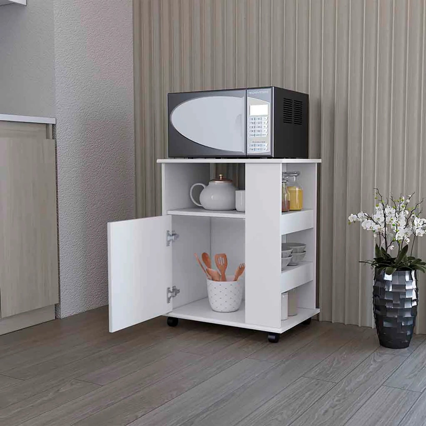 Kitchen Service Cart, Three Side  Shelves, Two Interior Shelves