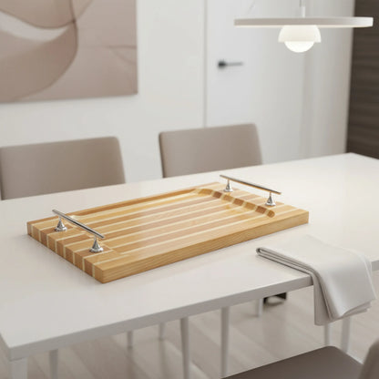 Solid Wood Striped Serving Tray With Handles