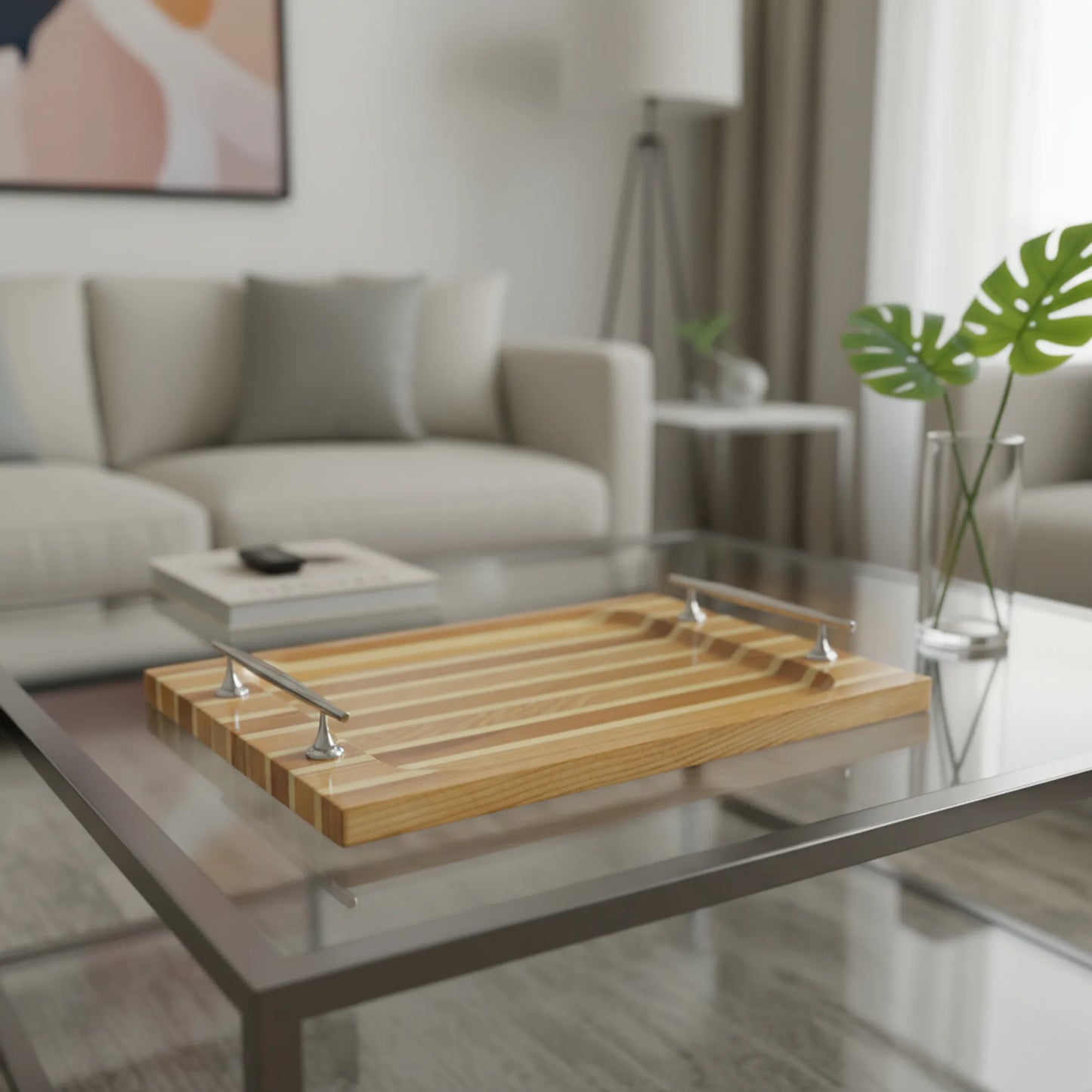 Solid Wood Striped Serving Tray With Handles