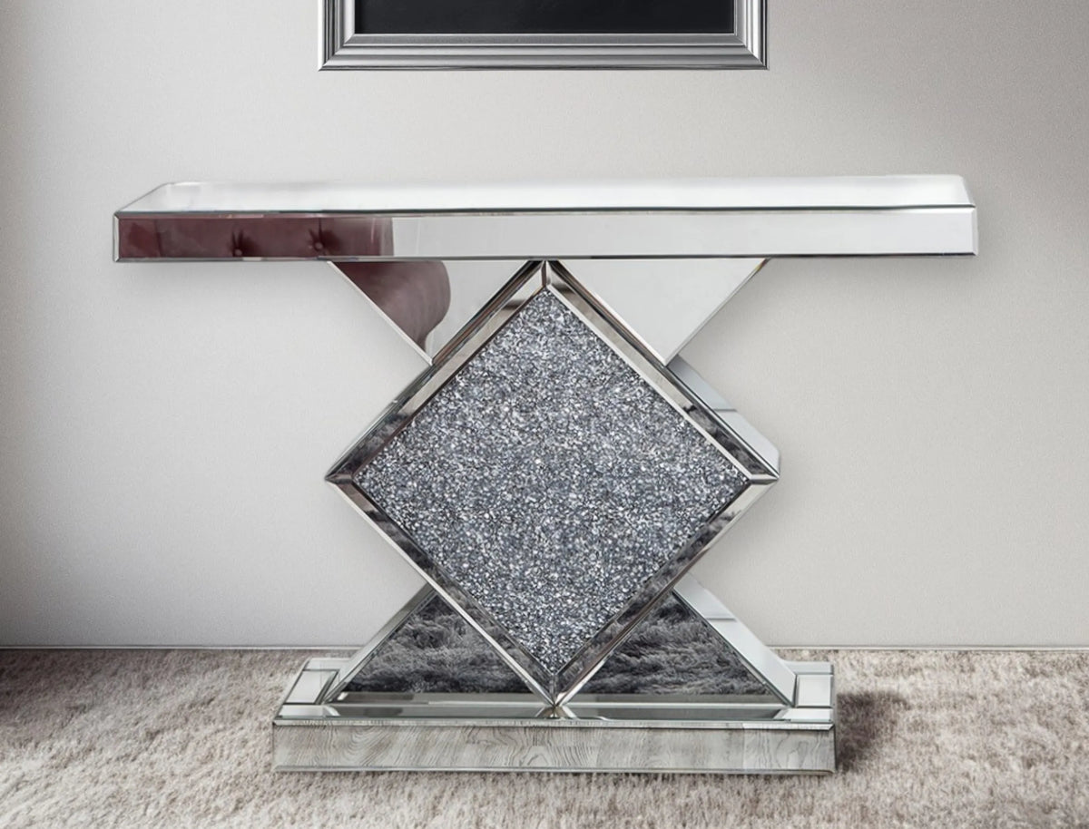 Clear MirroGlass Faux Crystals Pedestal Console Table