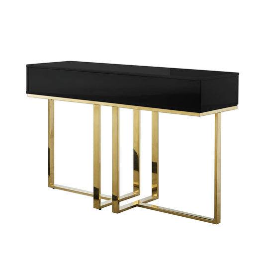 47" Black And Gold Stainless Steel Coffee Table With Two Drawers