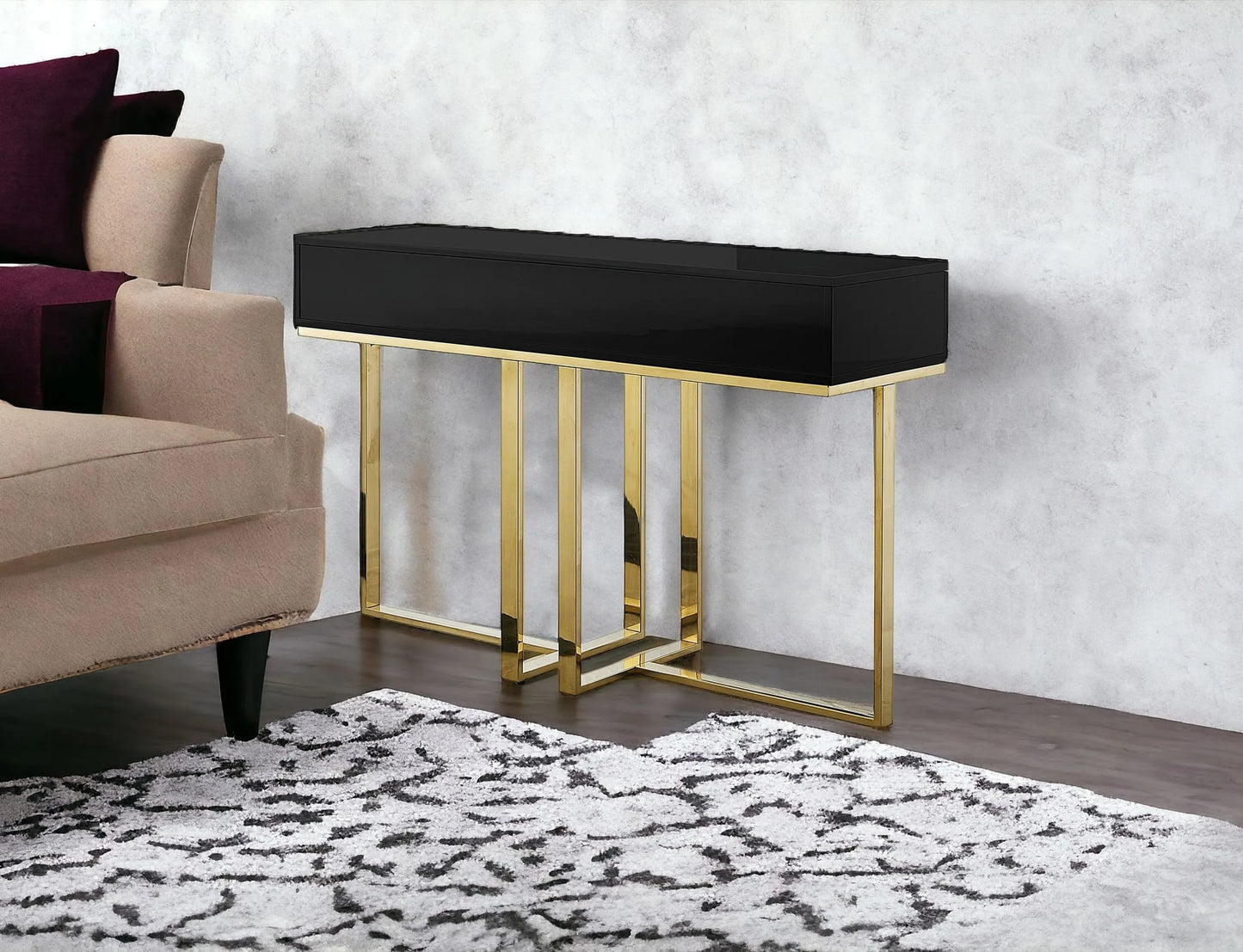 47" Black And Gold Stainless Steel Coffee Table With Two Drawers