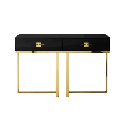 47" Black And Gold Stainless Steel Coffee Table With Two Drawers