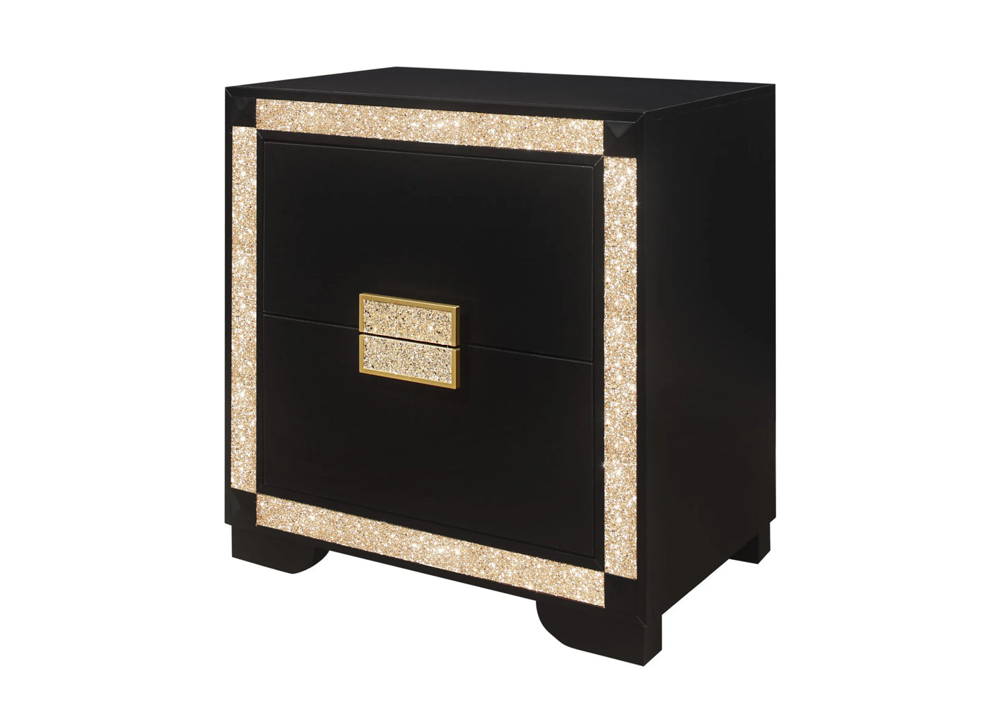 26" Black and Gold Two Drawer Faux Crystal Bling Wood Nightstand