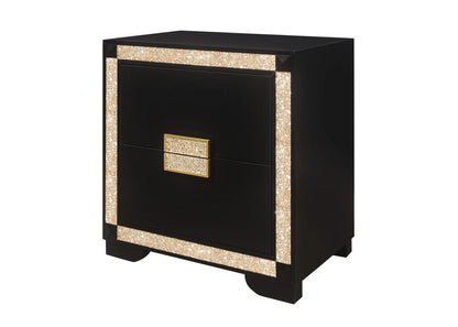 26" Black and Gold Two Drawer Faux Crystal Bling Wood Nightstand