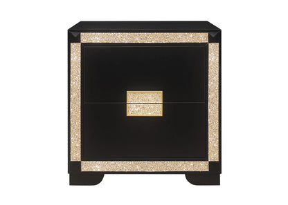26" Black and Gold Two Drawer Faux Crystal Bling Wood Nightstand