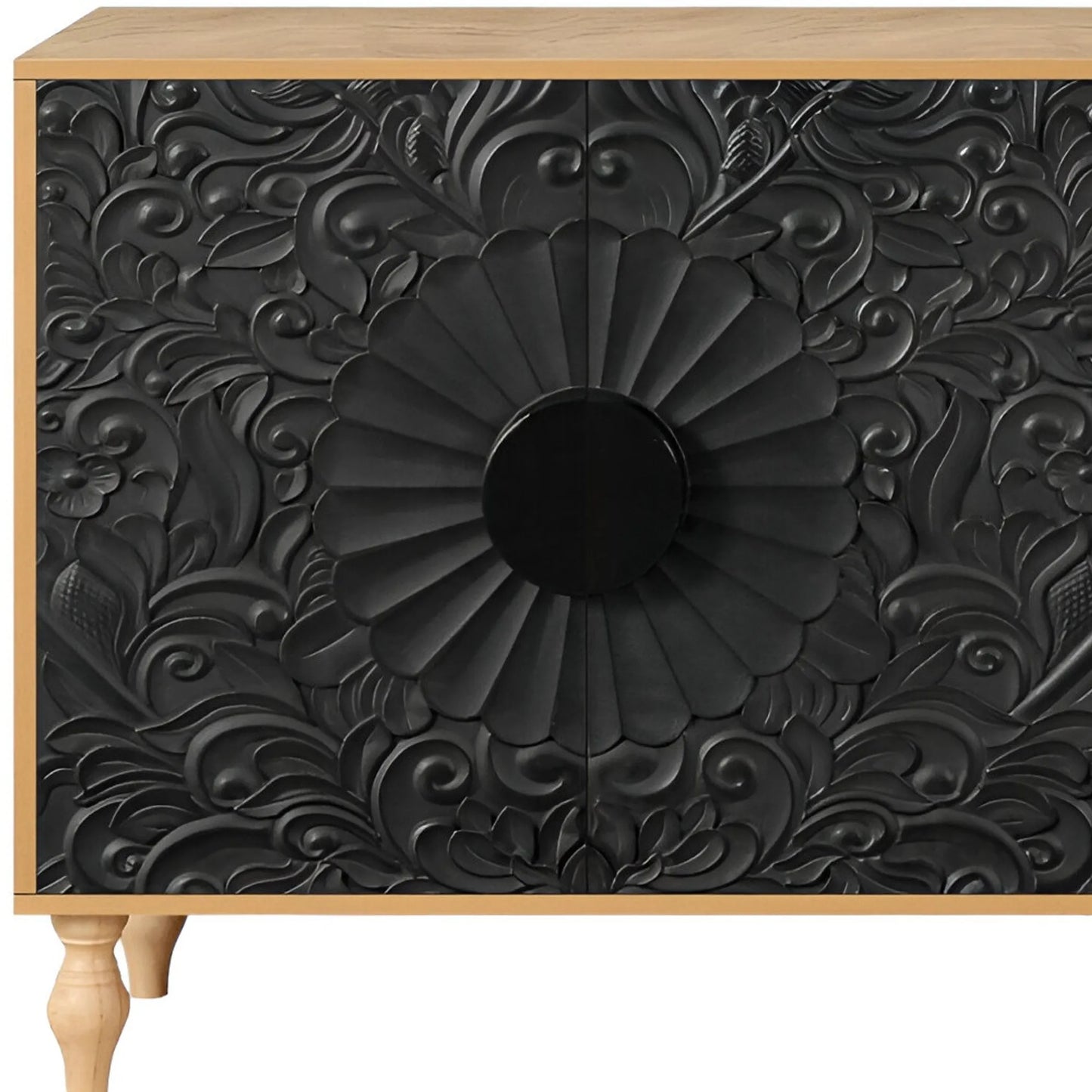 68" Natural and Black Distressed Carved Floral Sideboard with Four Doors