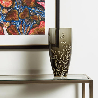 Dark Olive Branch Patterned Glass Aluminum Table Vase