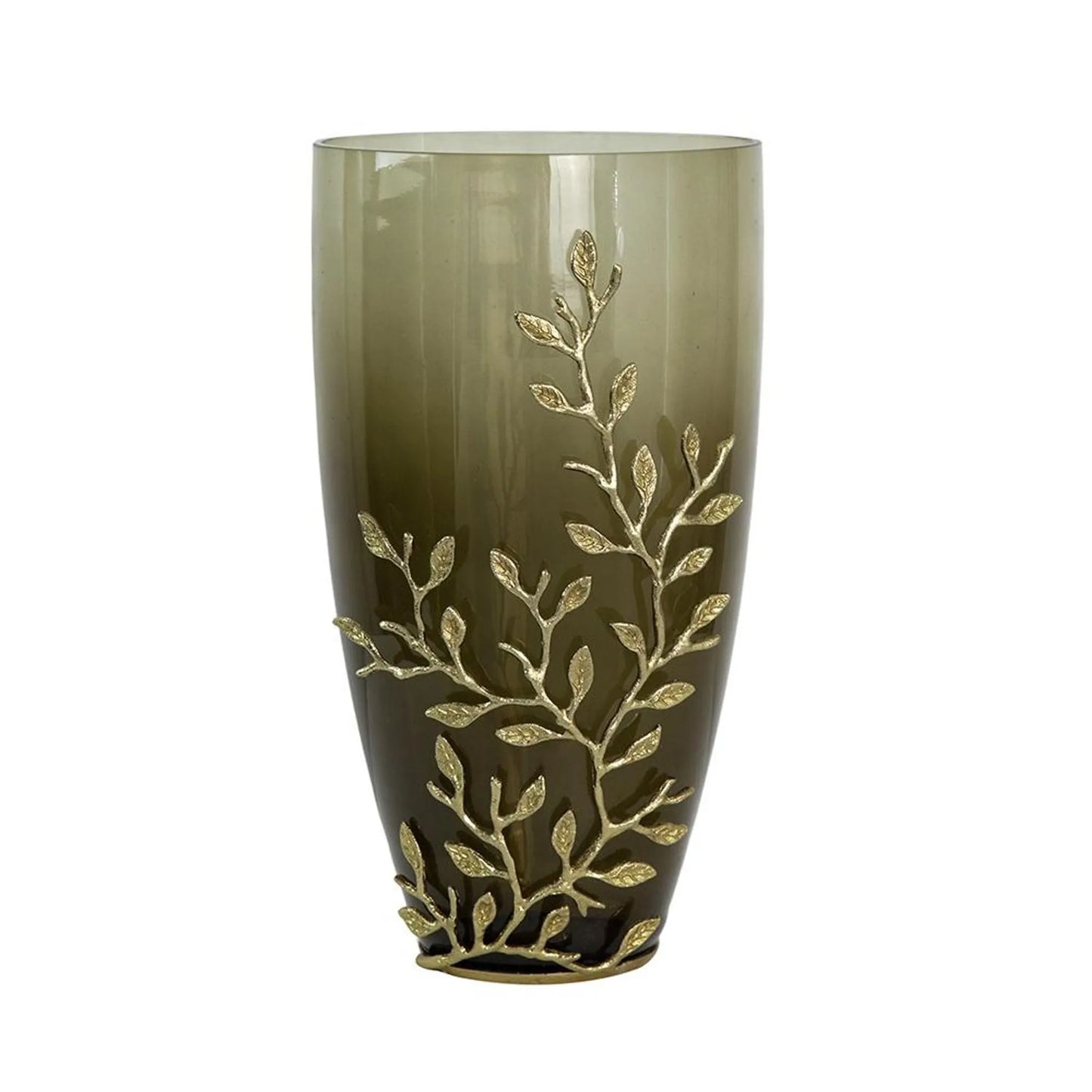 Dark Olive Branch Patterned Glass Aluminum Table Vase