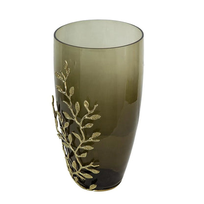Dark Olive Branch Patterned Glass Aluminum Table Vase