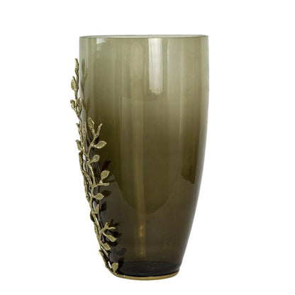 Dark Olive Branch Patterned Glass Aluminum Table Vase