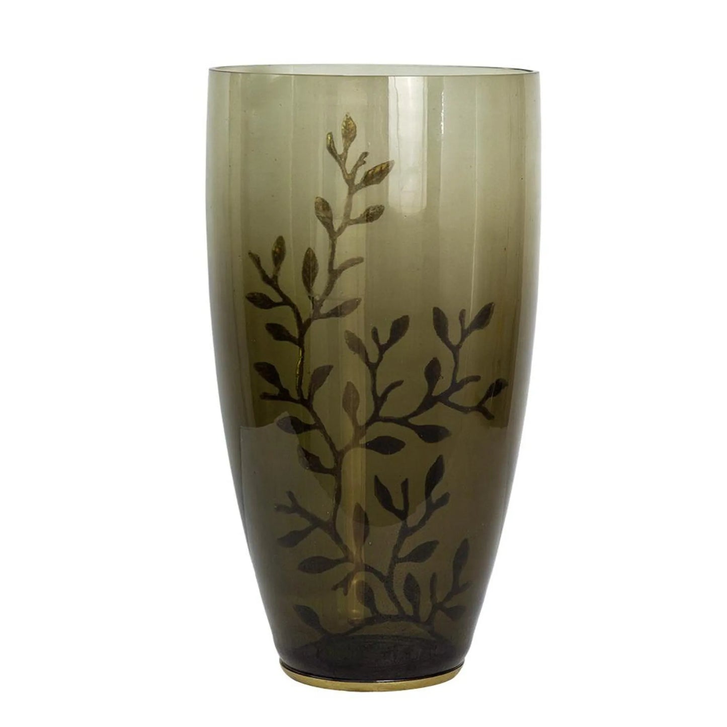 Dark Olive Branch Patterned Glass Aluminum Table Vase