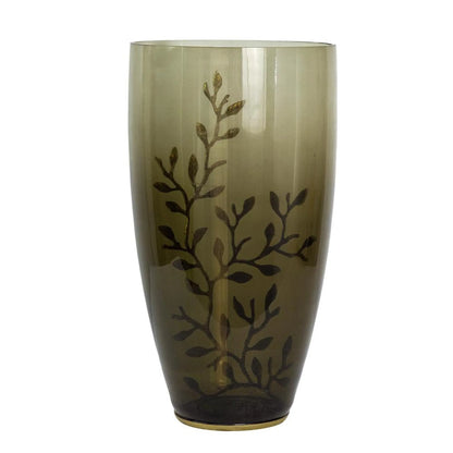 Dark Olive Branch Patterned Glass Aluminum Table Vase
