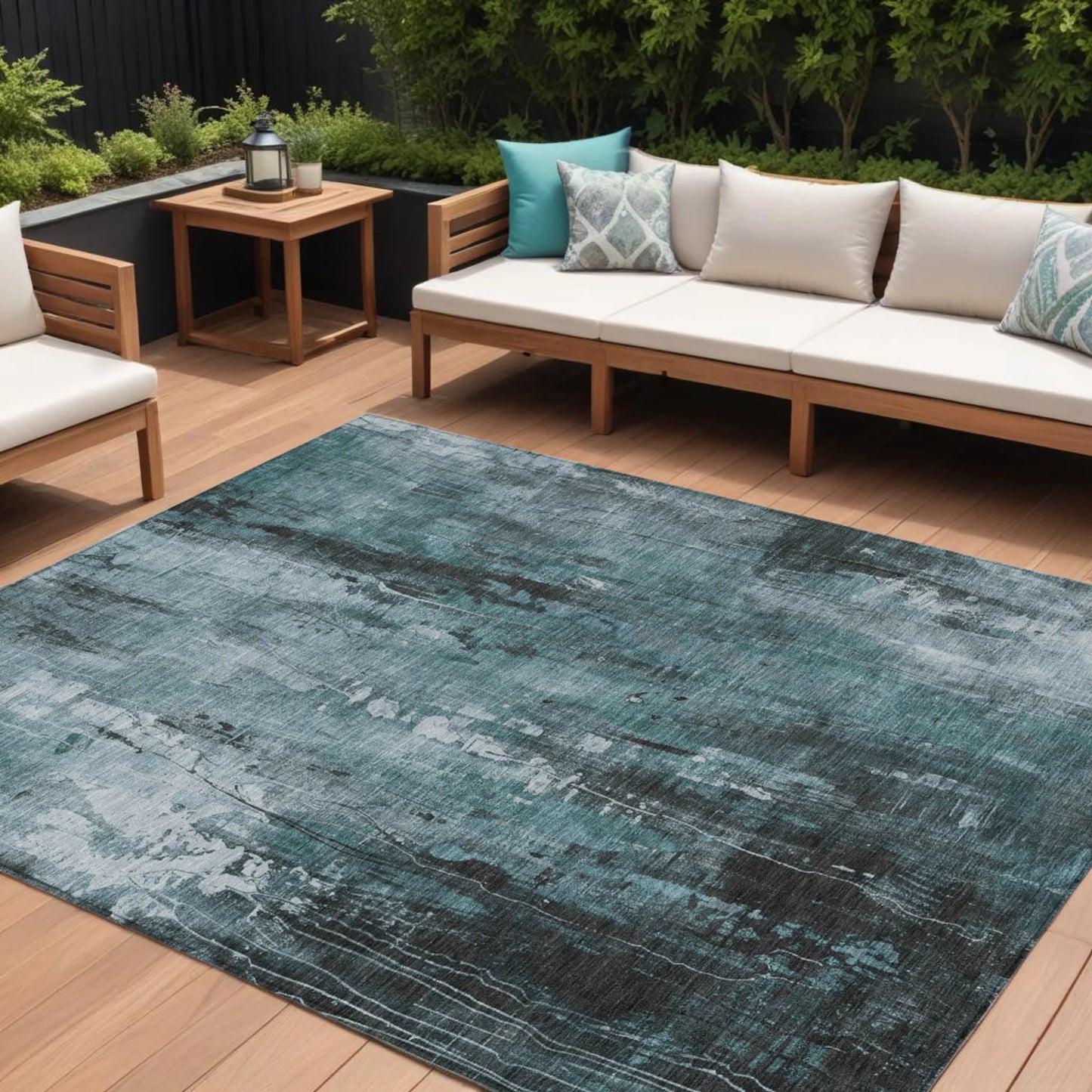 10' X 14' Teal Blue Gray And Ivory Abstract Washable Indoor Outdoor Area Rug