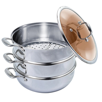 Tier  Heavy Duty Stainless Steel Food Steamer Vegetable Pot Stackable Pan Insert with Glass Lid
