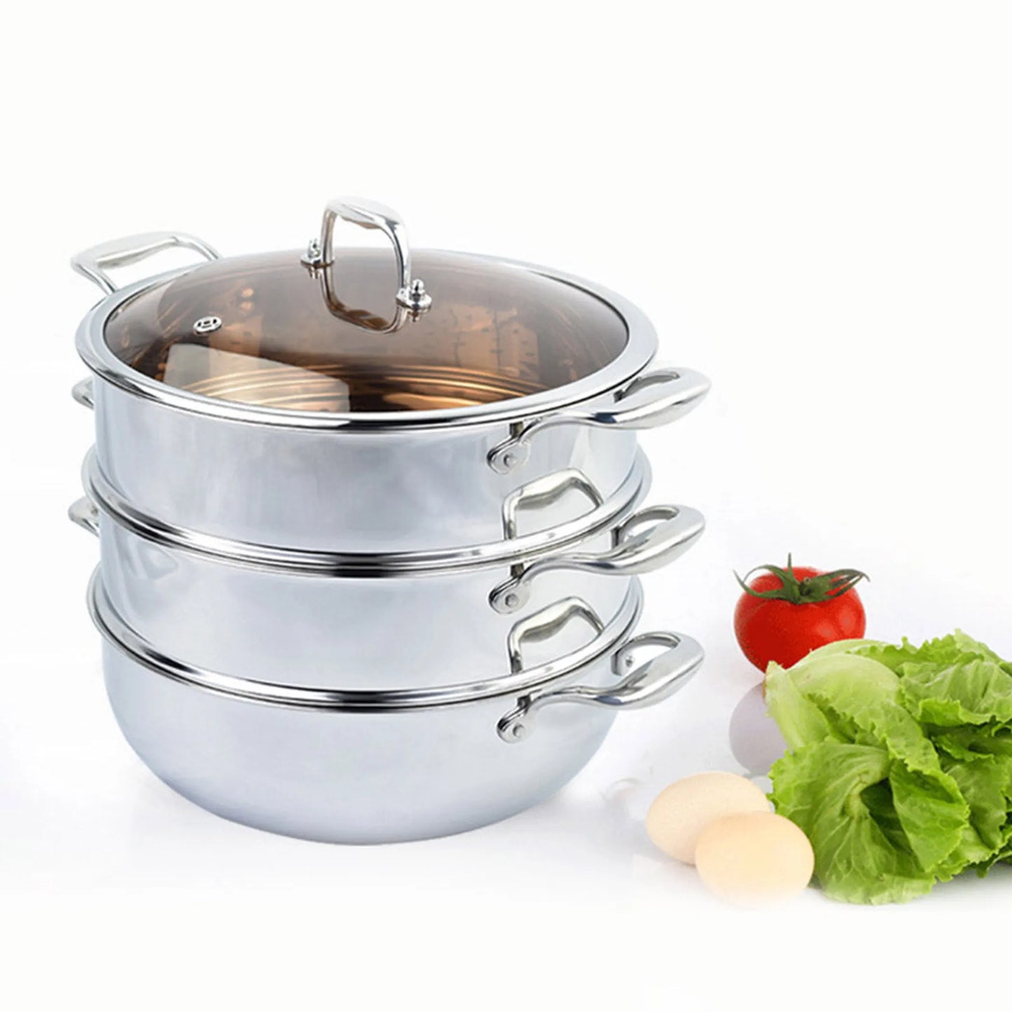 Tier  Heavy Duty Stainless Steel Food Steamer Vegetable Pot Stackable Pan Insert with Glass Lid