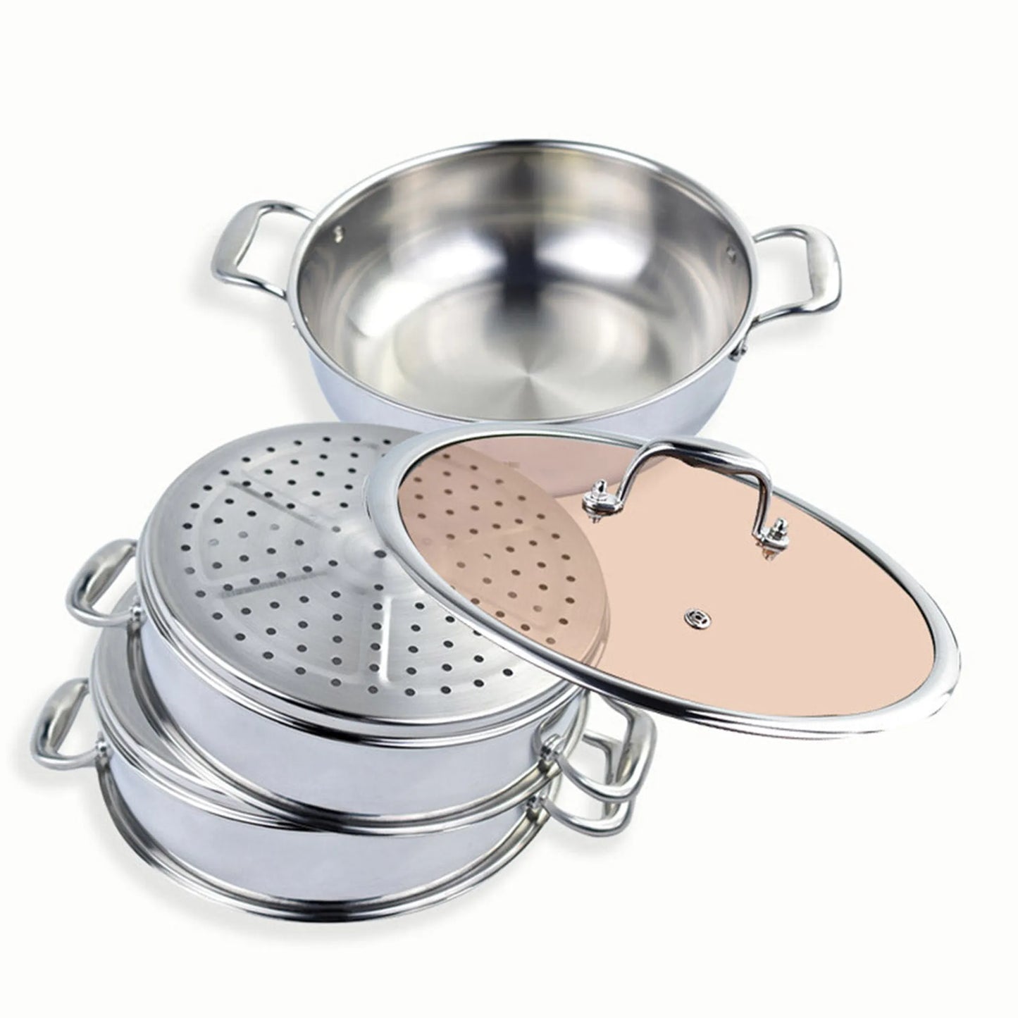 Tier  Heavy Duty Stainless Steel Food Steamer Vegetable Pot Stackable Pan Insert with Glass Lid